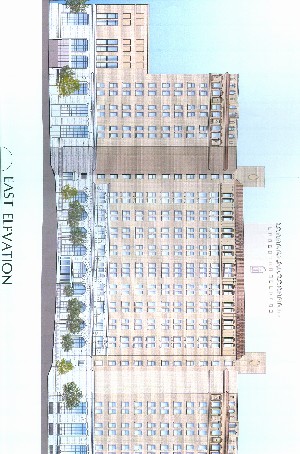 Shoreland plan east elevation including parking entry building to south. Kenard