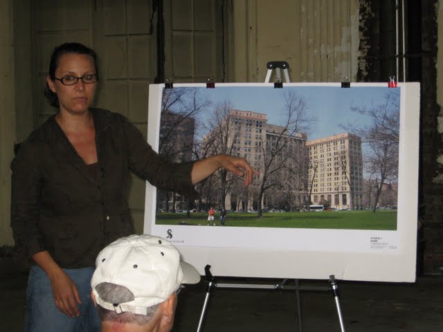 Closeup of  Danielle Meltzer Cassel explaining  plans for Shoreland to HPKCC DPZ Committee, Sept 5, 2000. East exterior board. Taken in Louis XVI  Ballroom. 