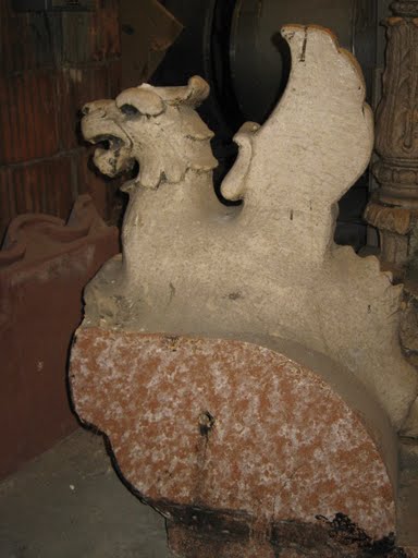 Terra cotta finial of a Shoreland griffin, prob. exterior, in attic storage Sept. 2009
