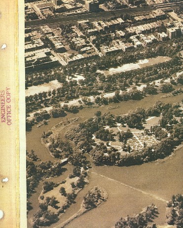 1938 map of Wooded Island and lagoons. note spill dam