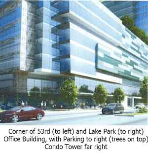 A rendering of the corner of 53rd and Lake Park-- parking tor ight, condo towere part seen in back at top. Some question whether this is distinctive enough for the "gateway" of Hyde Park.