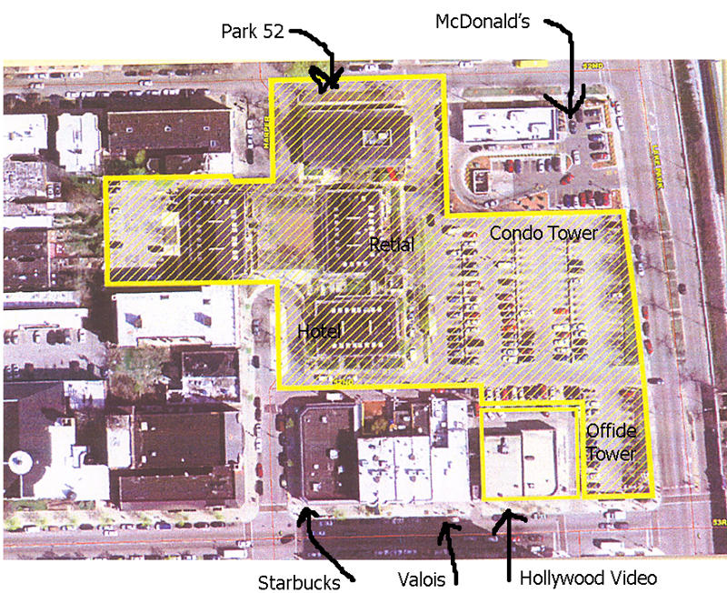 Current site arial marked over by developer and Trish Morse