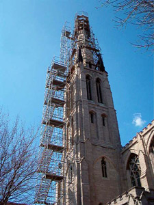 First Unitarian steeple under removal, 2003. Considered handled sensitively