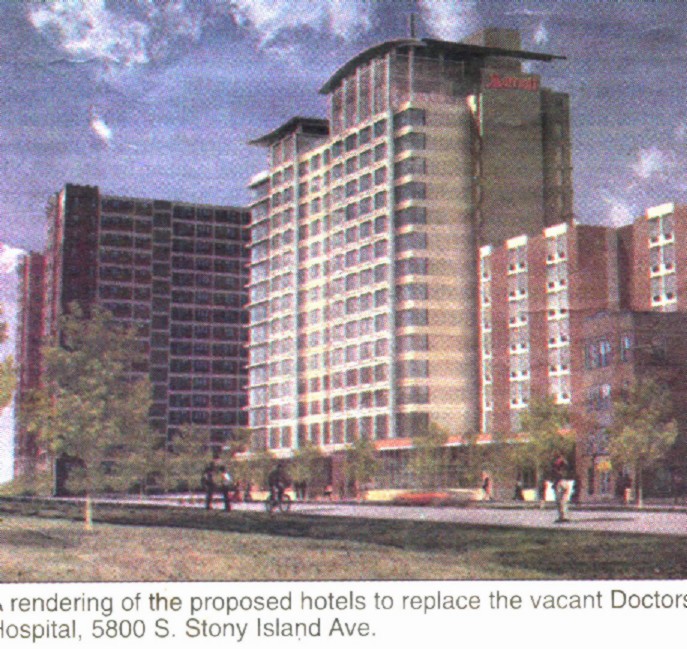 Rendering of Doctors Hospital hotel/conference center replacement prop. 2007.  Halamka Arch, U o C. Hyde Park Herald