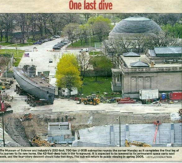 Views of the sub as it is brought out and rouds the corners of the Museum- a classic Sun-times photo . It also shows shape of the pen.