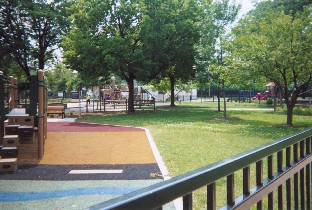 Kenwood Park north side, passing by litle kid's play area. Older is beyond, in the right picture it is right of the fieldhouse