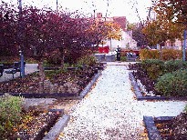 Looking along one of the walks through the reconstructed English Garden near Nichols Park north fountain