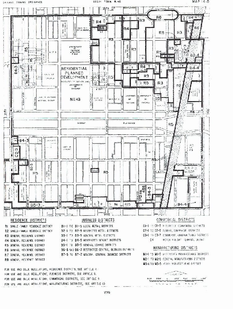 Specific zoning of central and southwest Hyde Park and Woodlawn 55th to  63rd with key