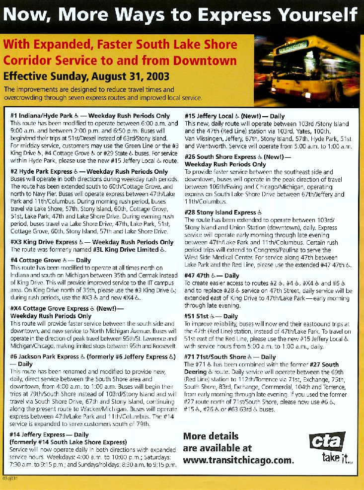 CTA description of the lakefront bus changes in auturn, 2003