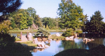 Heart of Osaka Garden and ponds, ooking across East Lagoon to to East Shore