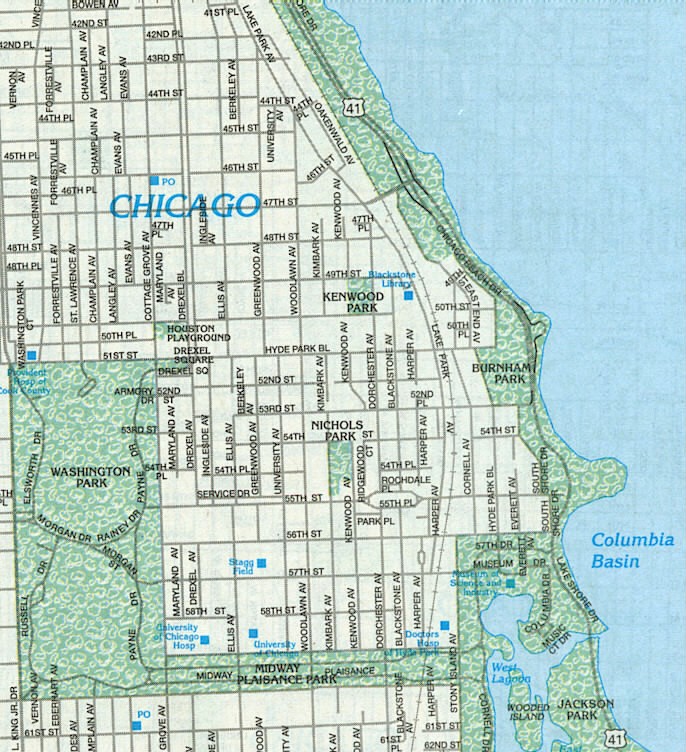 Map of Hyde Park, Kenwood and adjacent from 42nd to 61st St., King Dr. to Lake Michigan