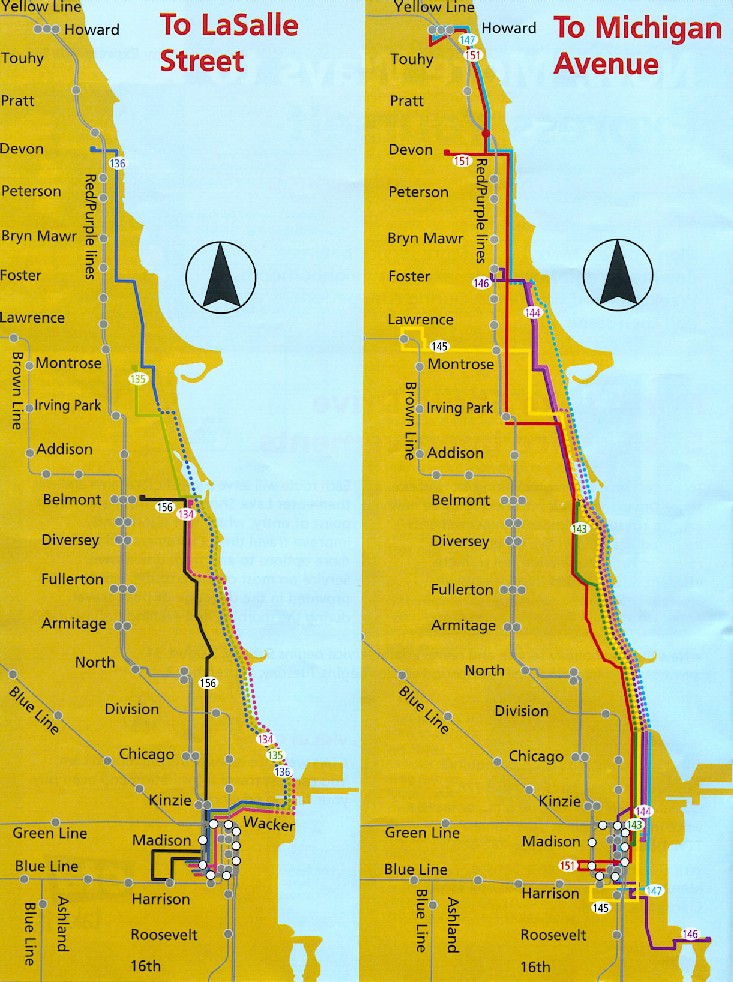 Map of revised north side lakefront bus routes as of auturn 203. Some changes have been made since.
