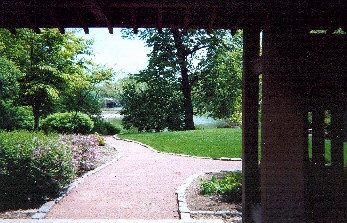 Looking through the Torii gate into the northern part of Osaka Garden