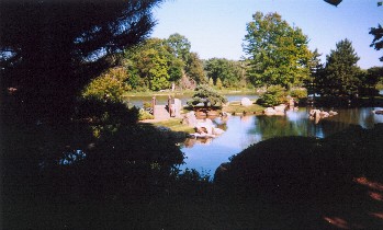 From the north path of Osaka Garden across the heasrt na pond to the East Lagoon