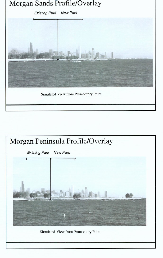 profile overlay showing how far the Sands and peninsula proposals would stick out and up, against skyline view