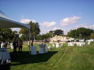 Setup for the dedication with Fountain of Time in the background